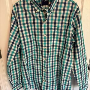 Tommy Bahama Plaid Button Down Shirt Large Pima Cotton Blue Green